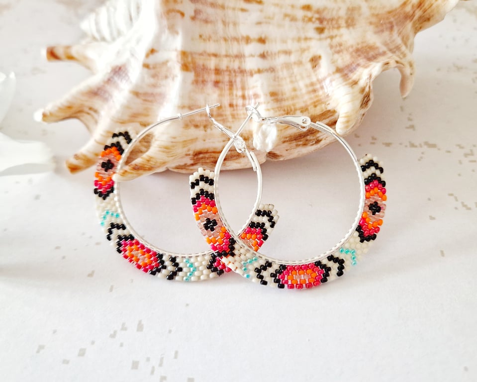 Cream Native Beaded Hoop Earrings 