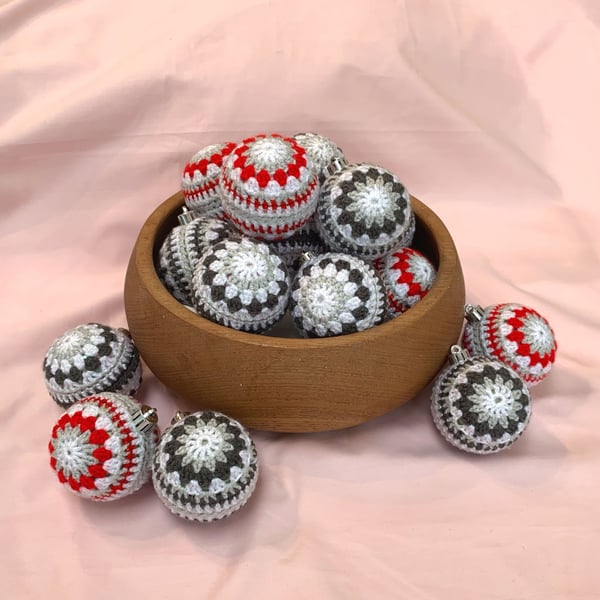 Handmade Neutral Multicoloured Red, White and Grey Crochet Christmas Baubles