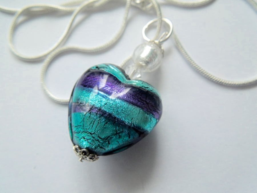 Purple and green Murano glass heart pendant with sterling silver chain.