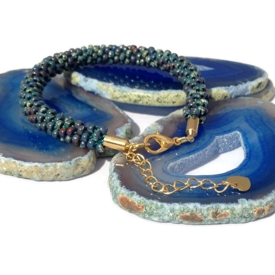 Dark Teal Picasso Beaded Kumihimo Bracelet