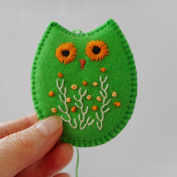 Green hand embroidered felt owl hanging decoration