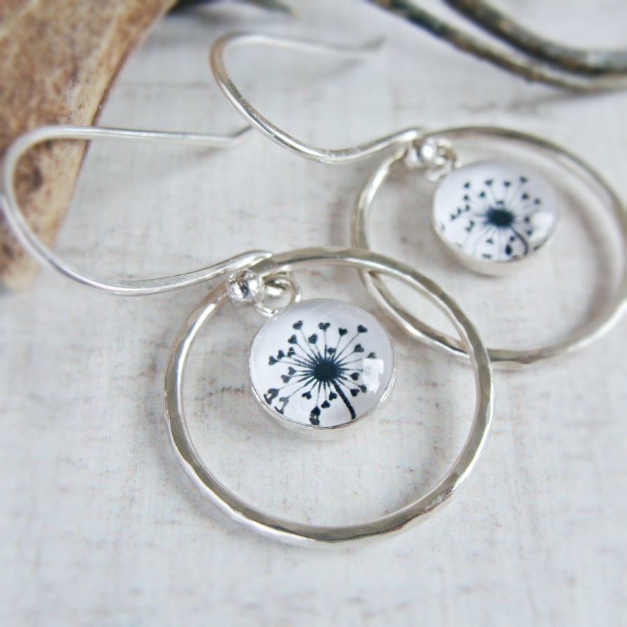 Illustrated Dandelion Charm Earrings - Sterling Silver Circle Earrings -  