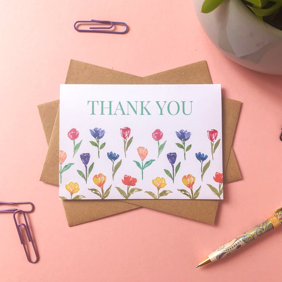 Thank You Card Spring Watercolour Flowers A6 Hand Painted Card Thank You So Much