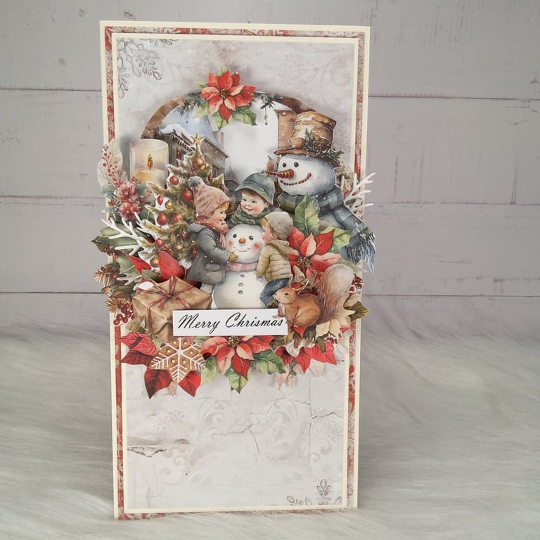 Handmade Christmas Card. Snowman & Children Vintage Christmas Card.(36)