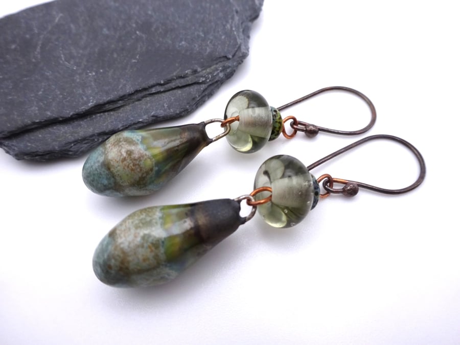 grey lampwork glass and ceramic drop earrings