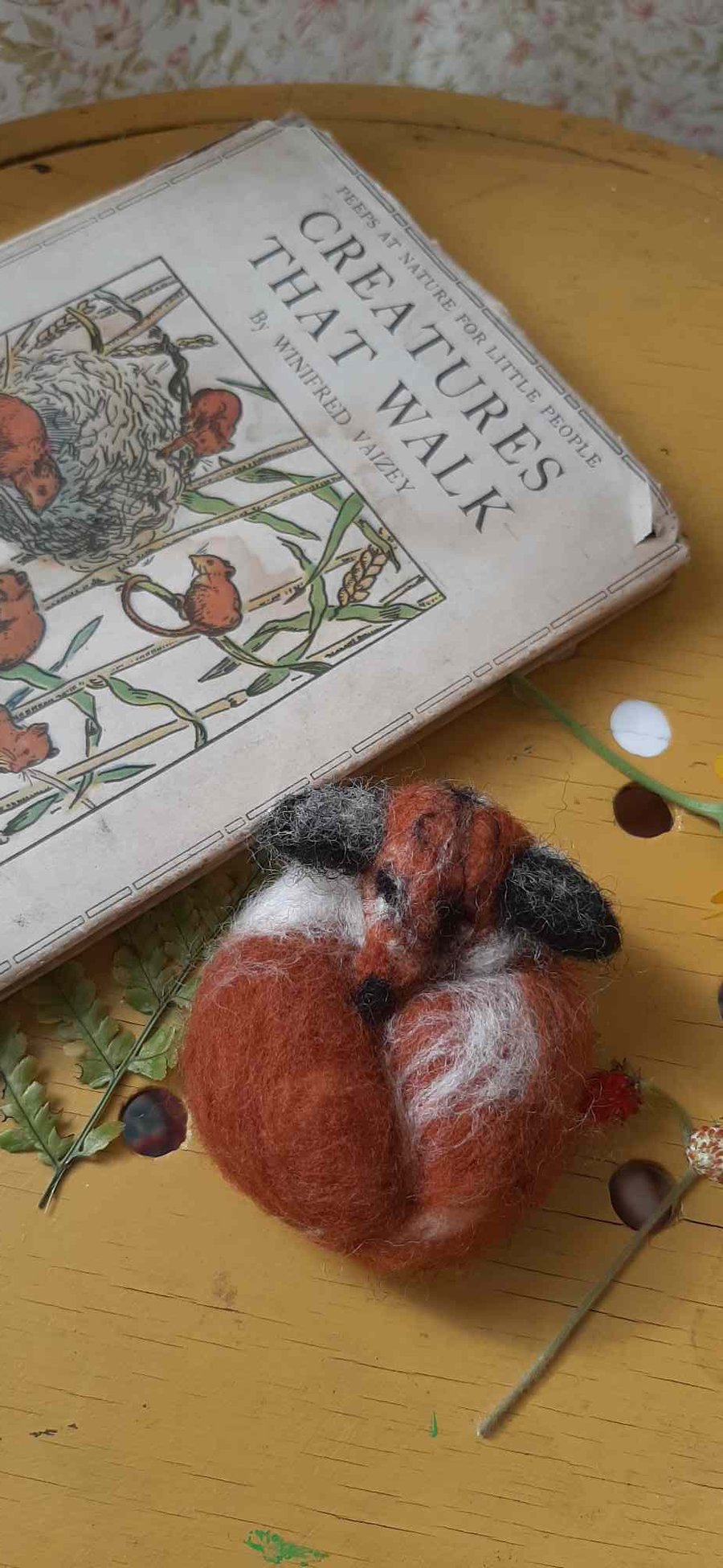 Needle felted fox with vintage book 