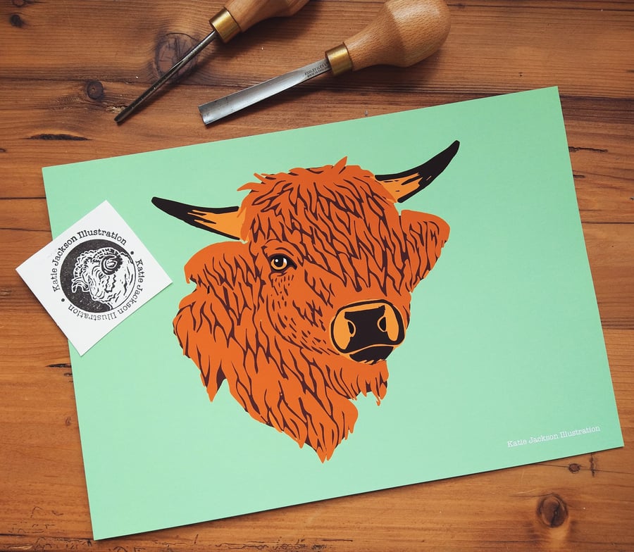 A4 Highland Cow illustrated Print - Farm - Animal - Wall Art 