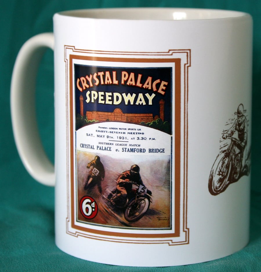 Speedway mug Crystal Palace v Stamford Bridge 1931 vintage programme design mug