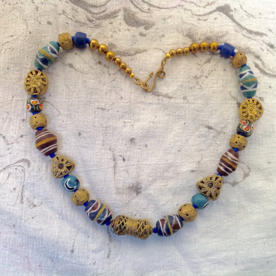 African bead necklace with recycled bottle glass and brass  beads