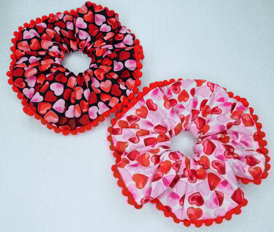 Pom Pom Scrunchies, Hearts Print Scrunchies Large Size
