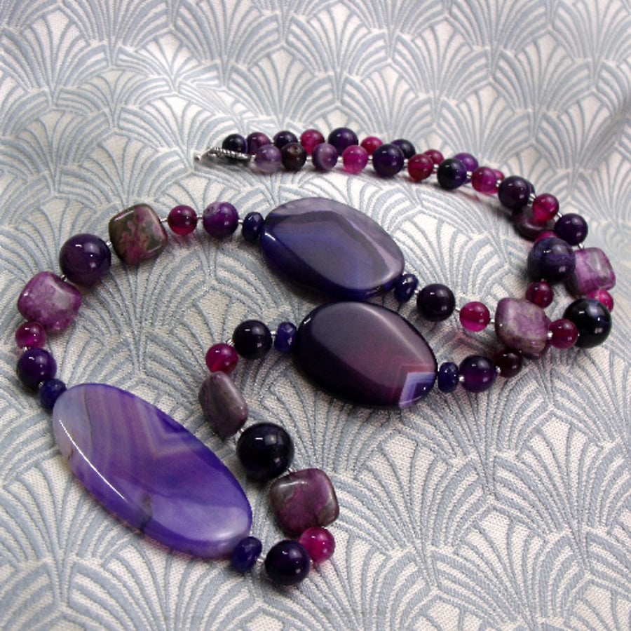 Long Purple Gemstone Necklace UK, Long Purple Necklace, Long Chunky Necklace DD1