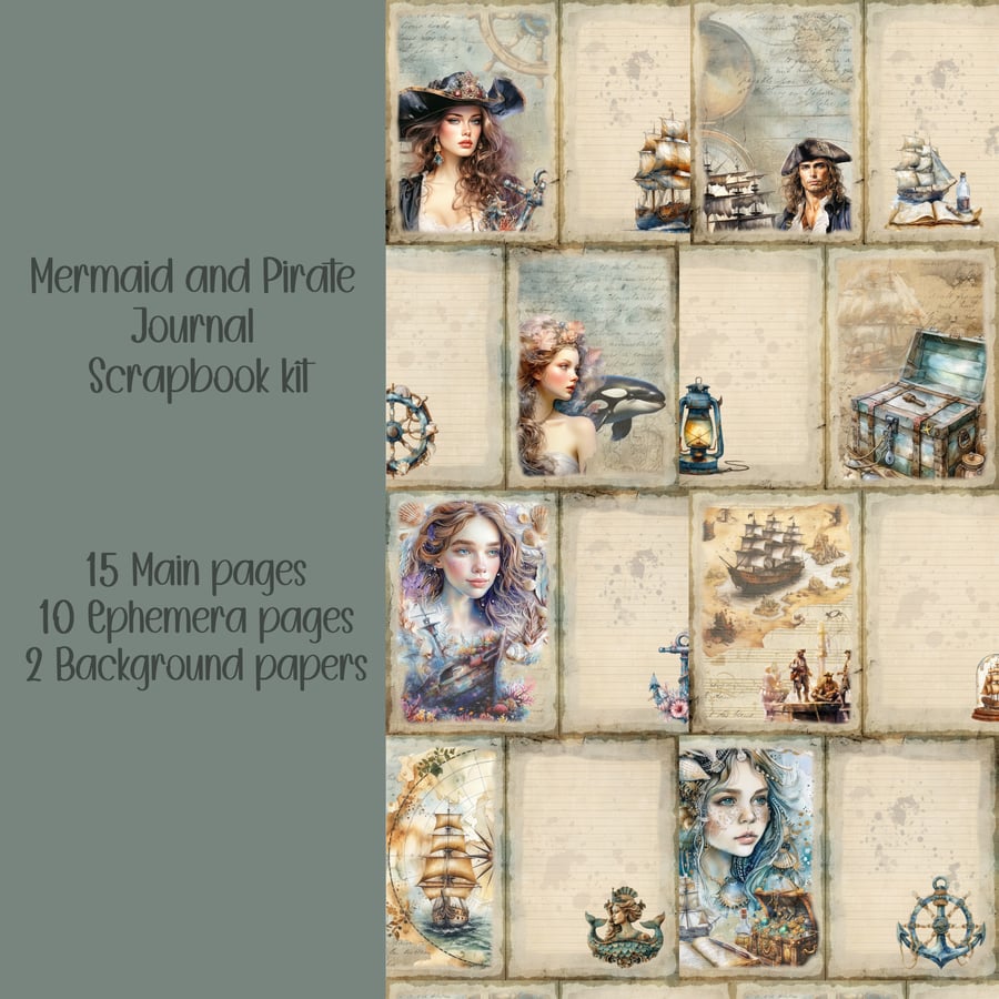 Mermaid and Pirate kit Scrapbooking, Ephemera, Journal, Digital Download