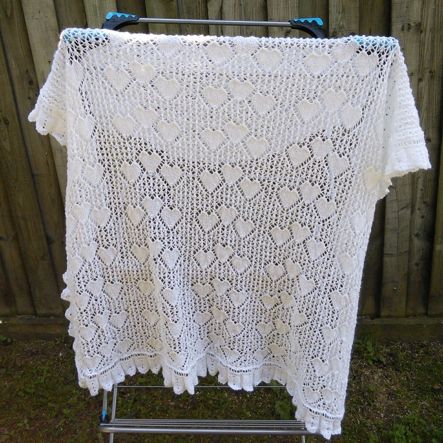 Hand knitted baby christening sweetheart shawl in pure white lace weight yarn