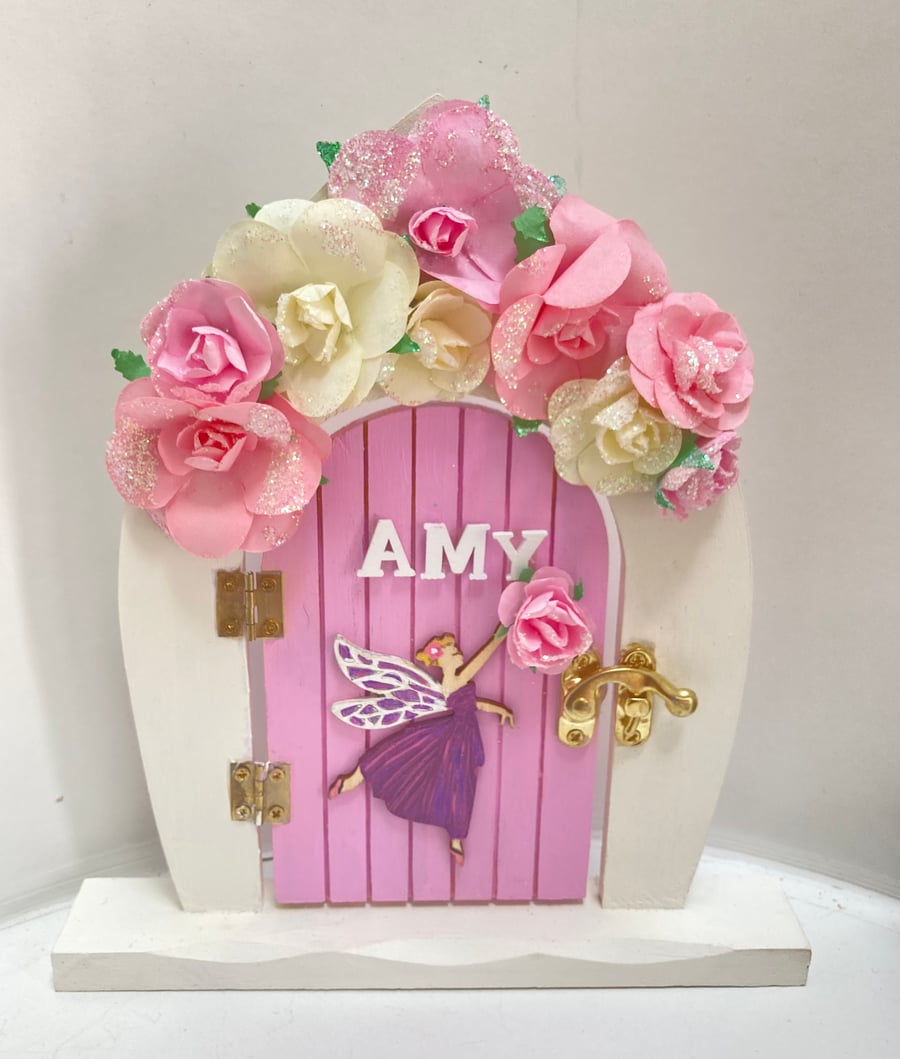 Personalised Large Fairy Door White & Pink With Glitter Roses