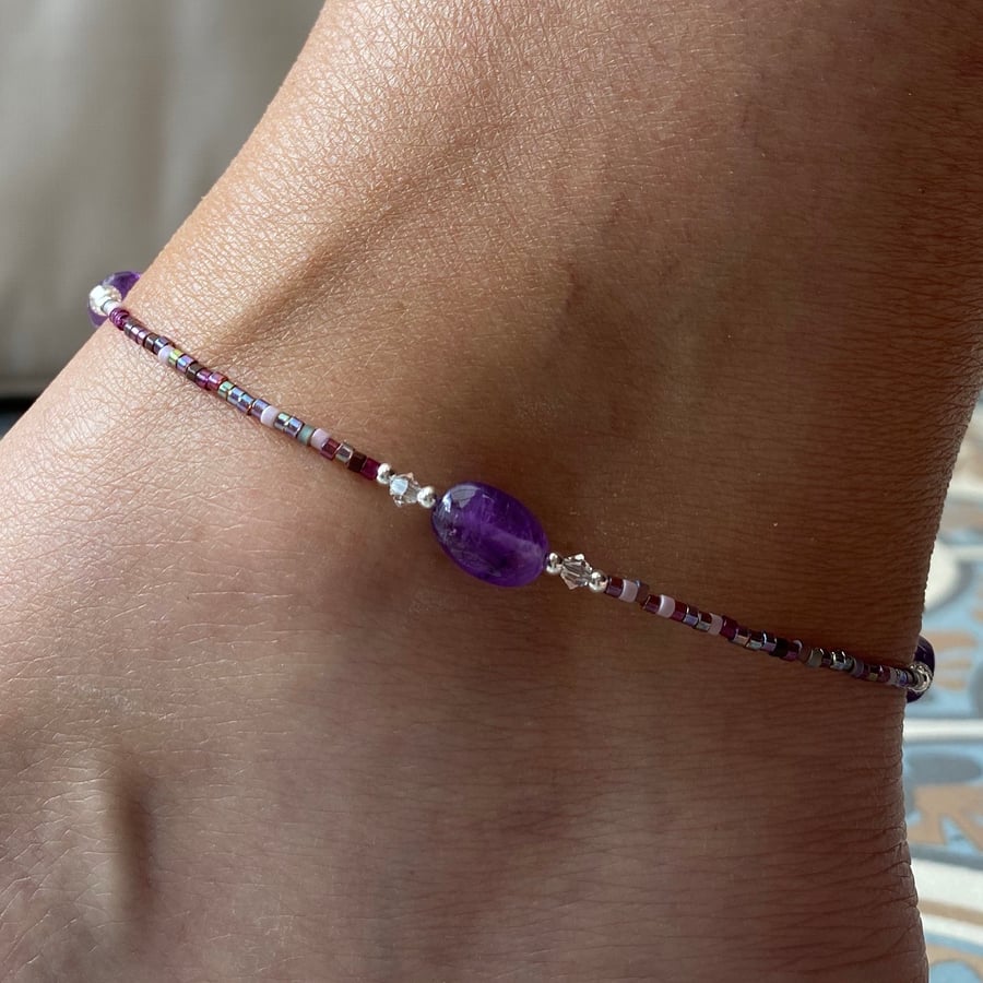 Amethyst Nugget Anklet. Sterling Silver. Extension Chain. 
