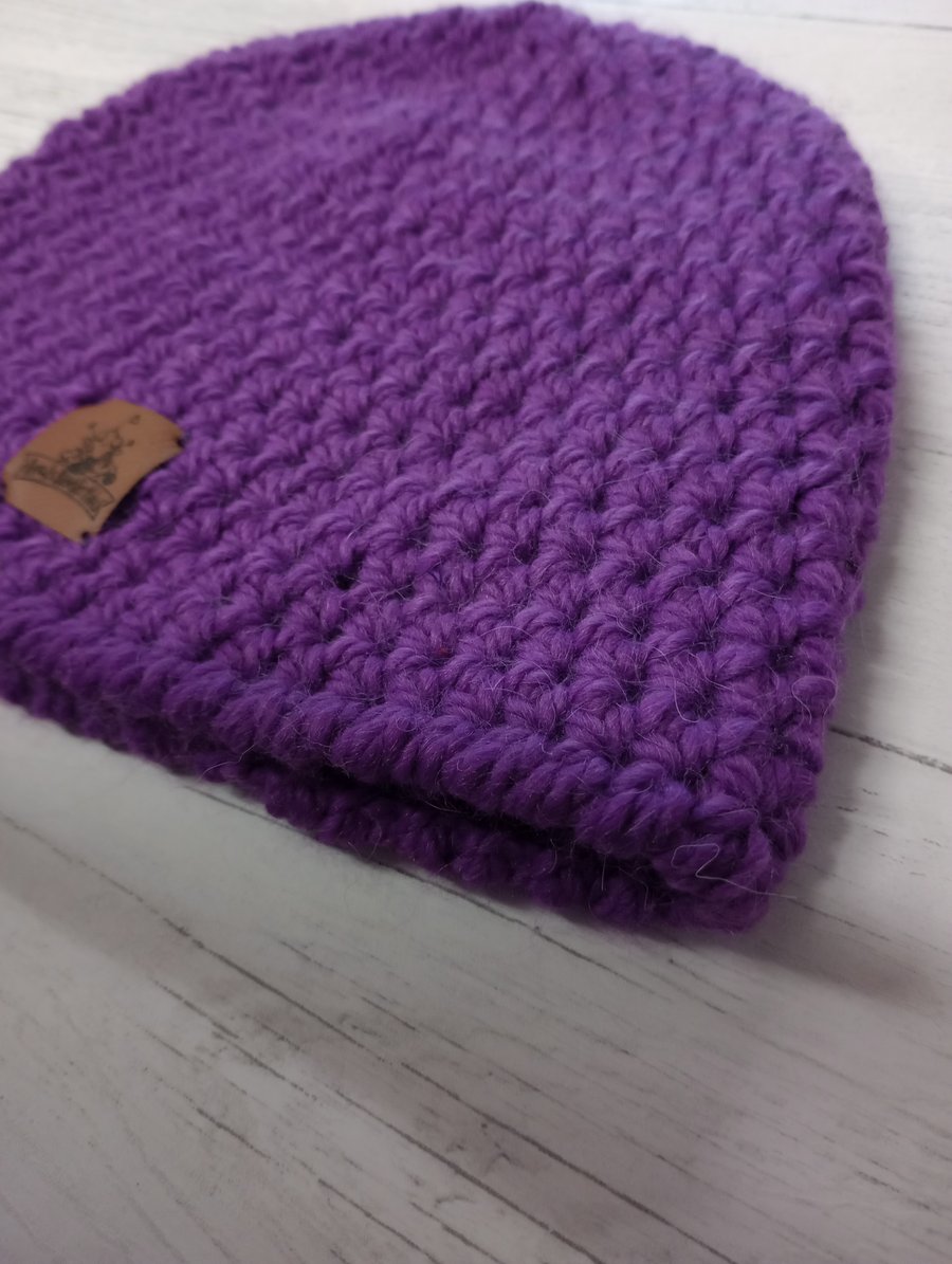 Soft Alpaca Purple Beanie, crocheted winter hat, unisex