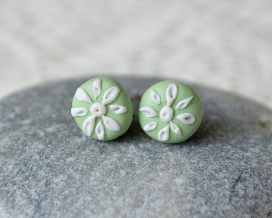 Pale Green & White Polymer Clay Stud Earrings