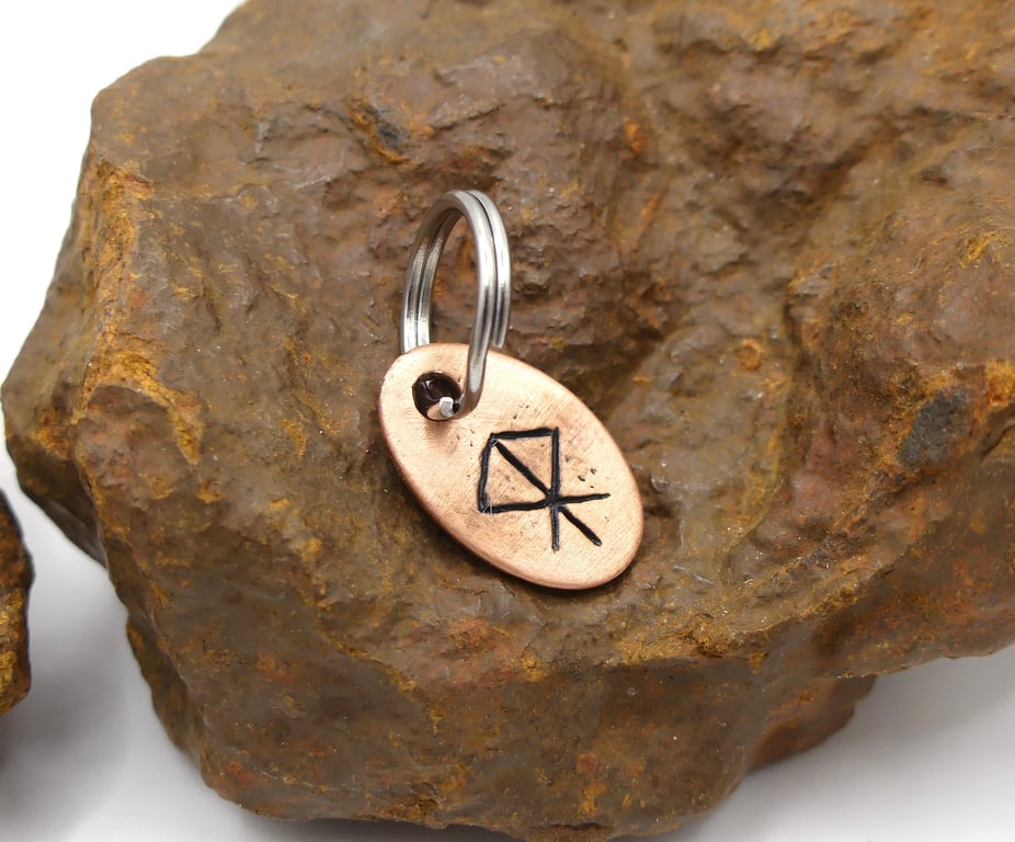 Recycled Oval Copper Courage Bindrune Split Keyring Charm, Bag Charm.