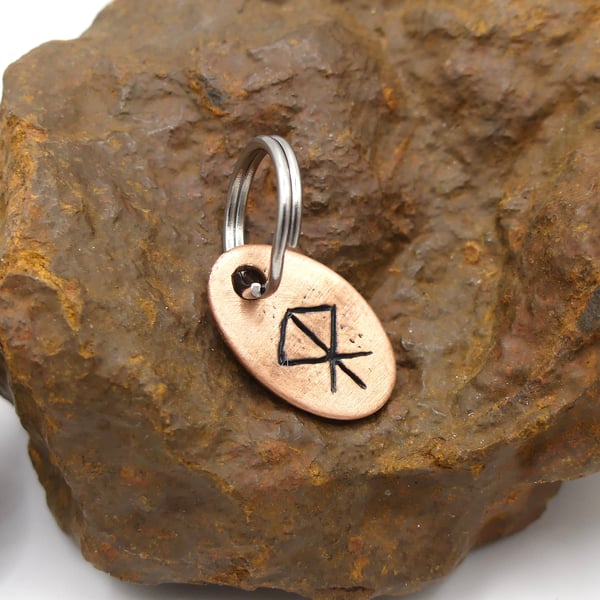 Recycled Oval Copper Courage Bindrune Split Keyring Charm, Bag Charm.