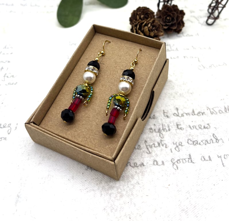 Nutcracker soldier glass pearl and diamante crystal dangle earrings festive