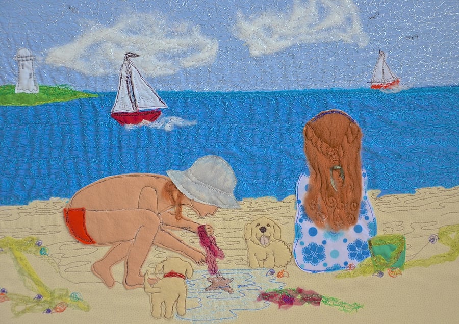 Children and dogs on beach picture - Seaside discoveries