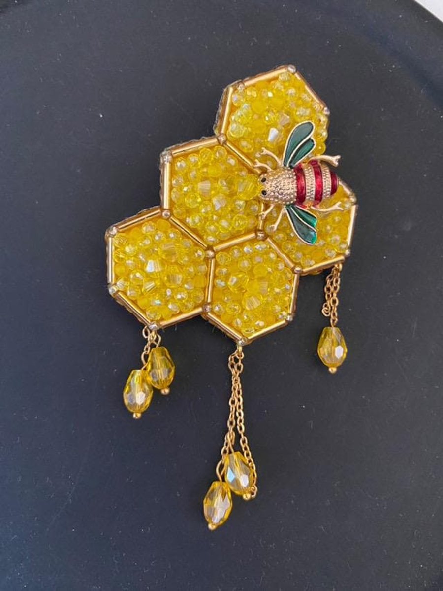 Handmade Honeycomb Bee Brooch, Beaded Honey Bee Pin, Yellow Statement Accessory,