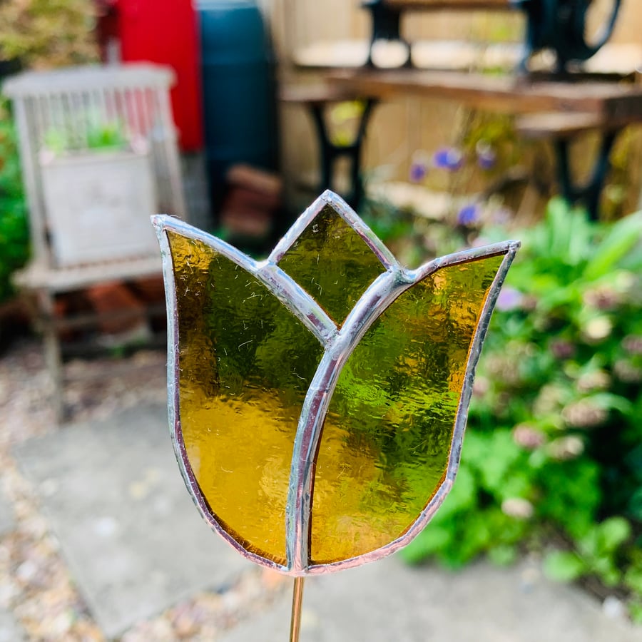 Stained  Glass Tulip Stake Small - Handmade Plant Pot Dec -  Amber