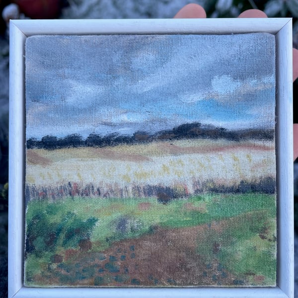 Small Framed Oil Painting on Linen, Cornfield Cumbria, Landscape Painting