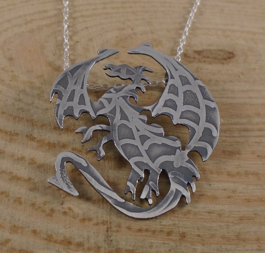Sterling Silver Etched Dragon Necklace