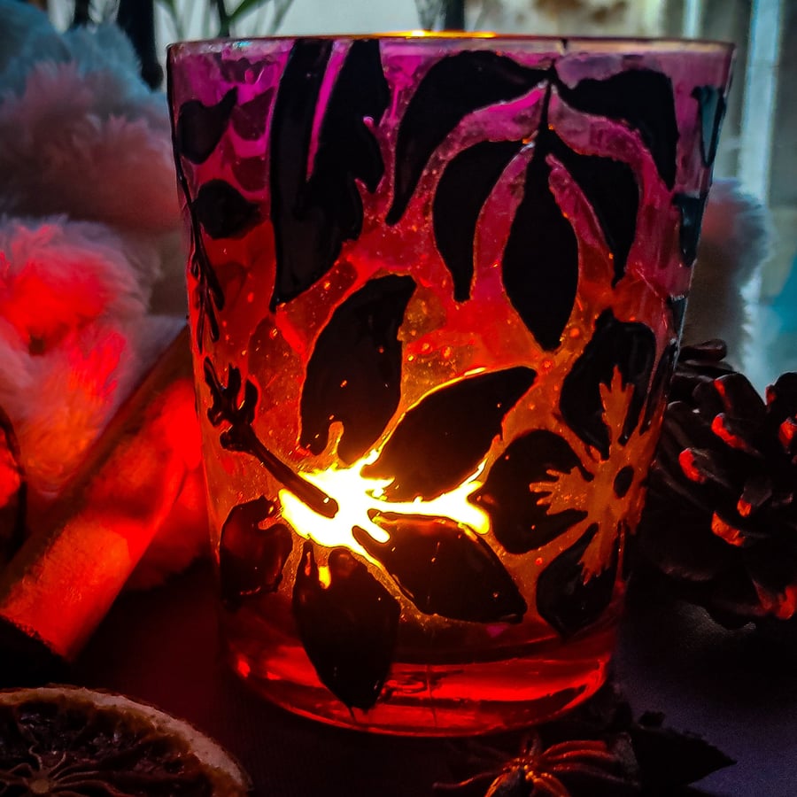 Handmade stained glass tea light candleholder with  tropical plant and flowers