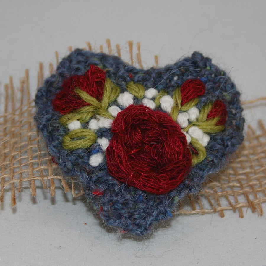 Embroidered Brooch - Red Roses on Blue Heart