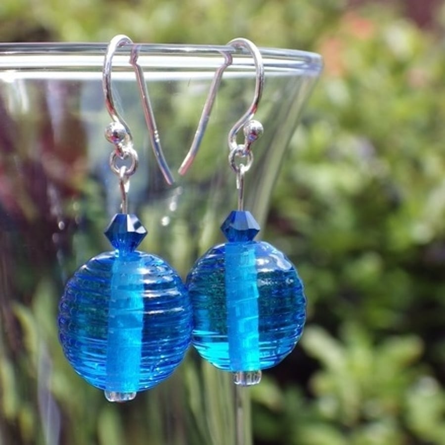 Bright blue ribbed UK lampwork glass bead earrings