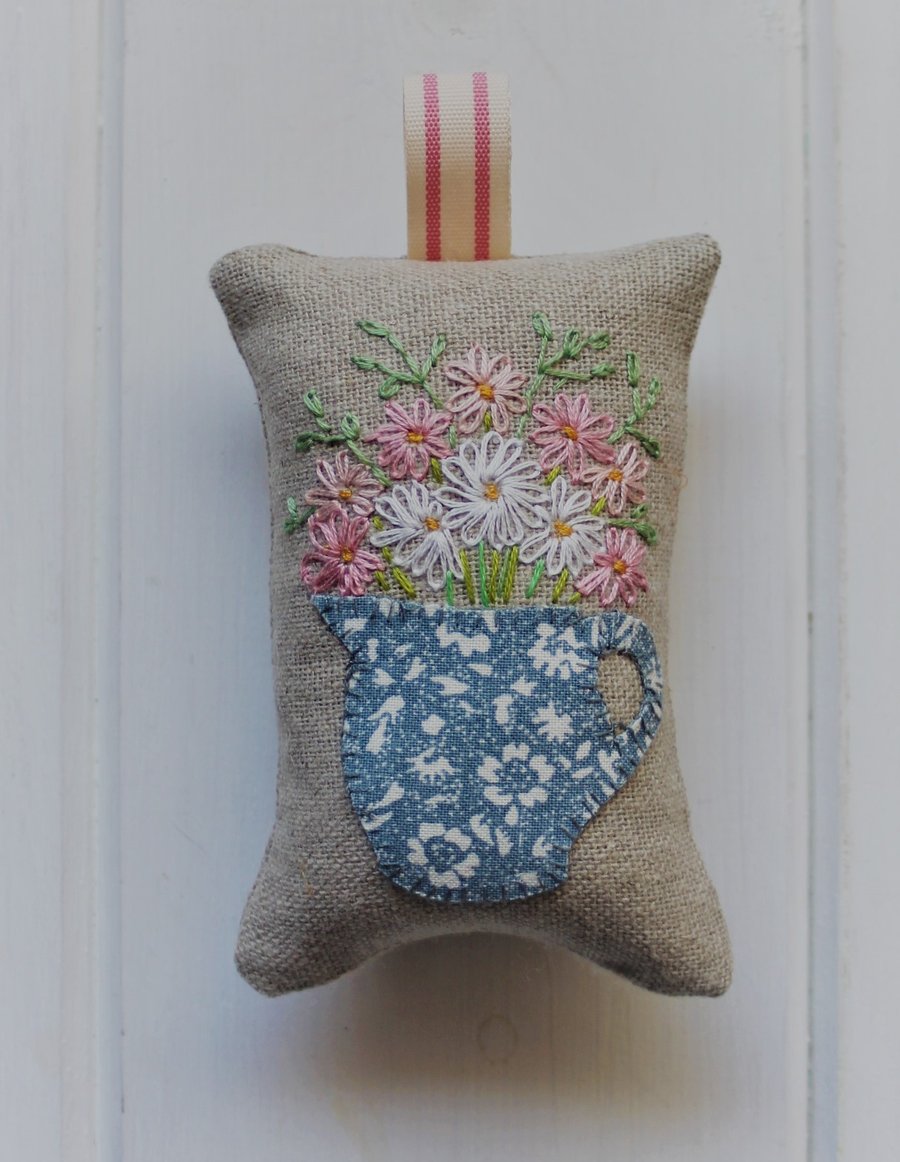 'Daisies in a vase' lavender bag with Laura Ashley fabric and hand embroidery