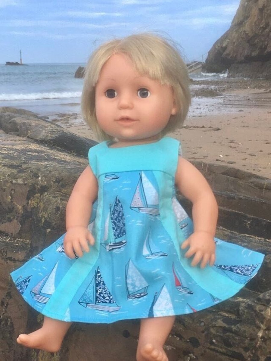 Blue boating summer dress for Tiny Tears, Baby Born Our Generation dolls