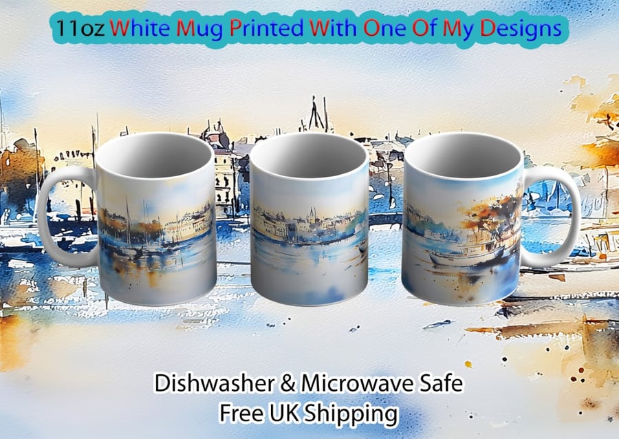 Harbor View Mug, Elegant Coastal Watercolor 11oz Cup