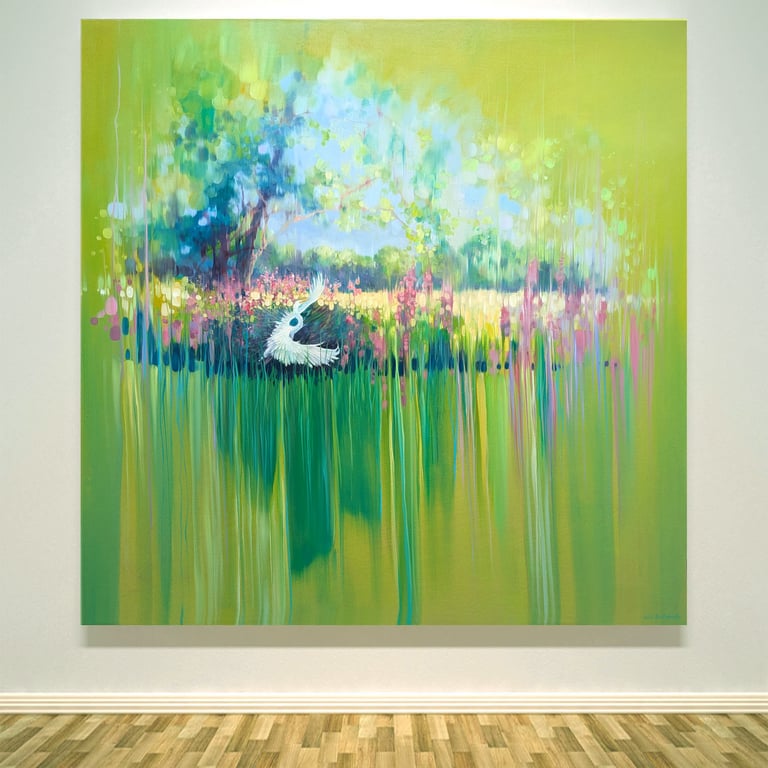 Summer Fading is a golden green abstract landscape with a white egret 