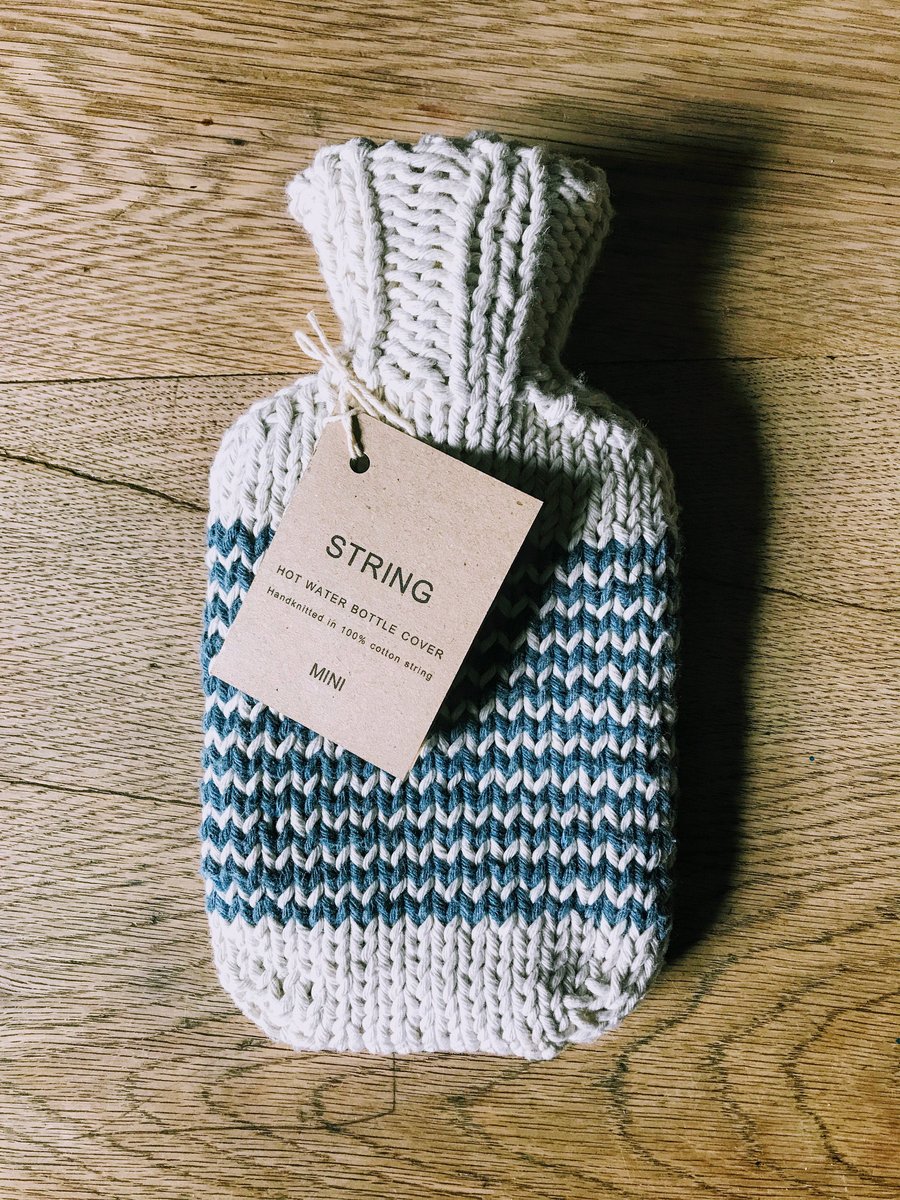 Mini Hot Water Bottle & Cover hand knitted in cotton string - BLUE STRIPE