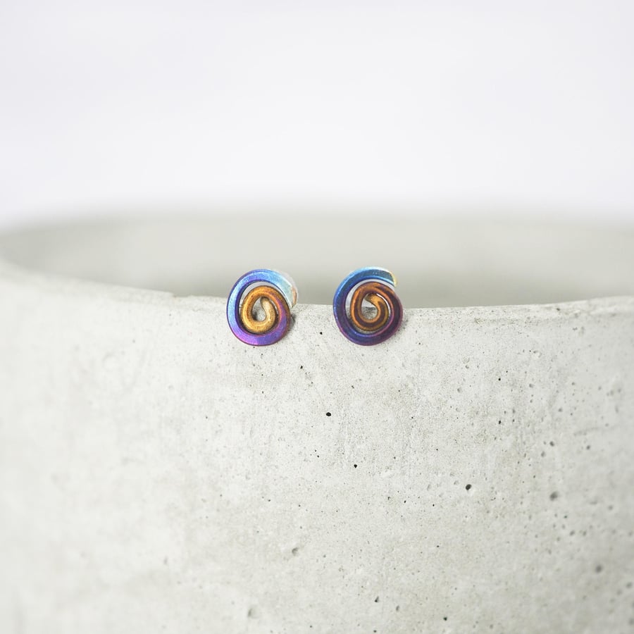 Titanium small spiral stud earrings - Delicate hypoallergenic earrings - Rainbow