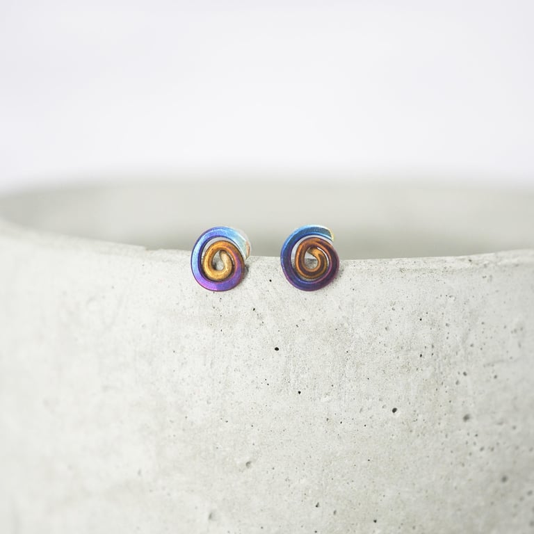 Titanium small spiral stud earrings - Delicate hypoallergenic earrings - Rainbow