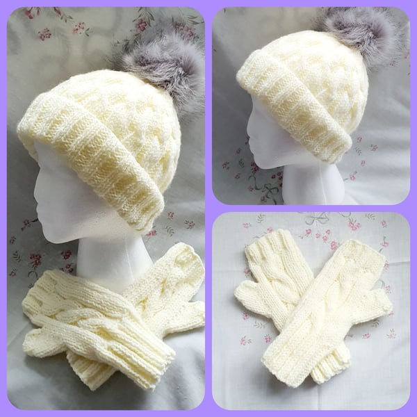 Cream Pompom Hat and Fingerless gloves