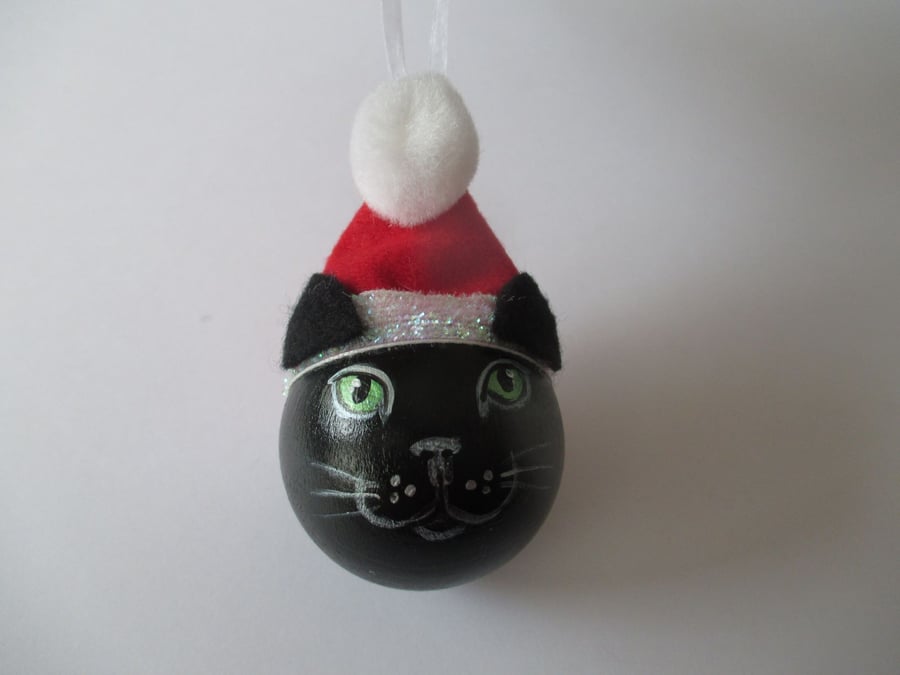 Cat Christmas Tree Bauble Hanging Decoration Santa Hat Black and Red