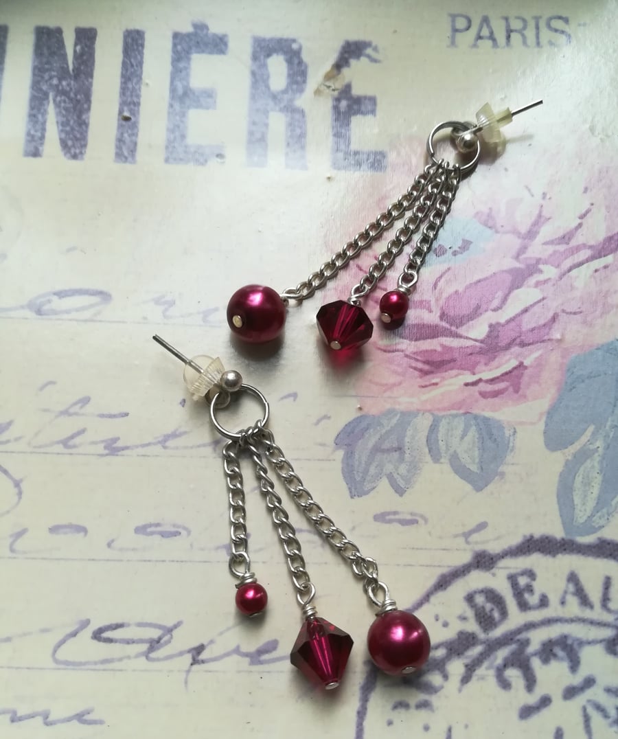 Hanging Earrings – Swarovski Ruby Crystal Bicones & Glass Pearl Beads