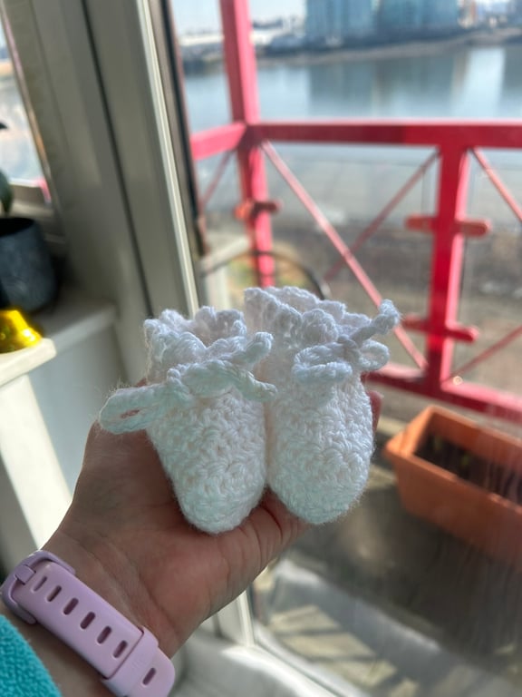 Handmade Crochet Baby Booties - Soft White Shoes - 6-12 Month Newborn Keepsake
