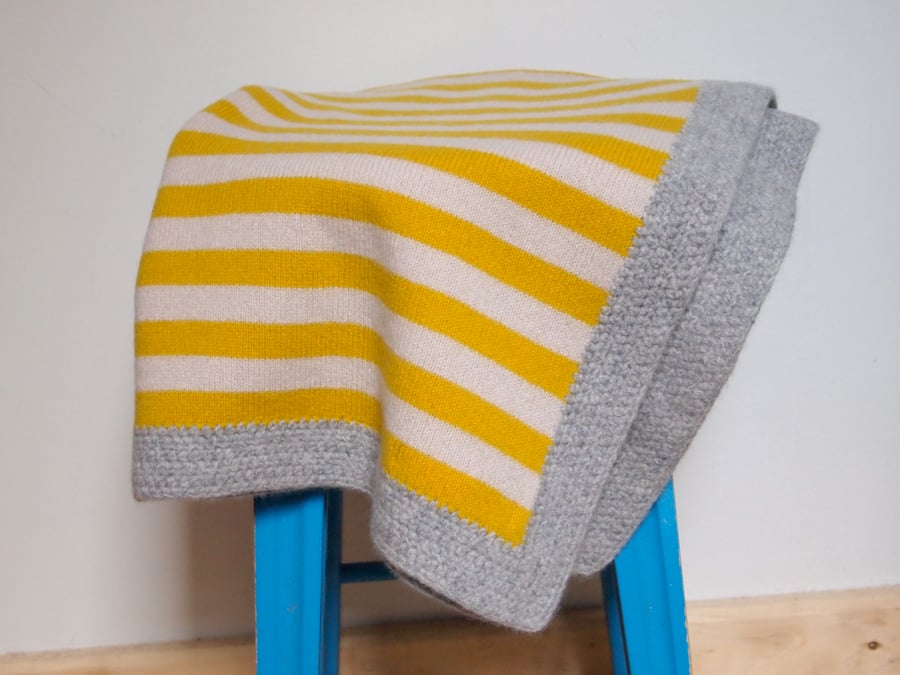 Knitted Lambswool Golden Yellow, Beige Blanket With Grey Crochet Edging