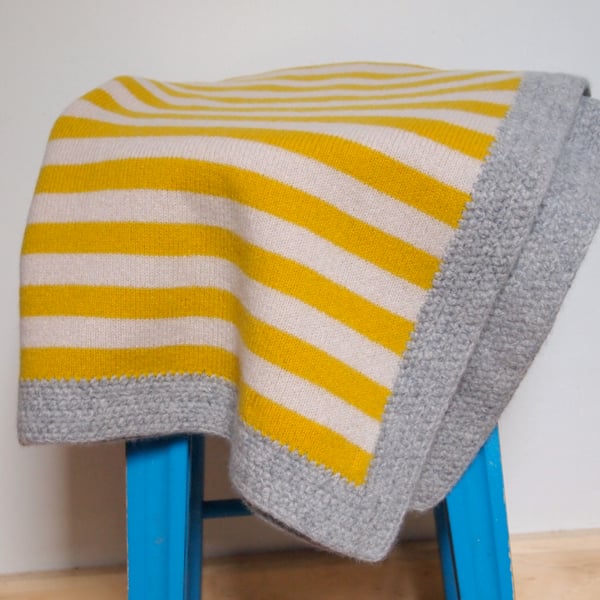 Knitted Lambswool Golden Yellow, Beige Blanket With Grey Crochet Edging