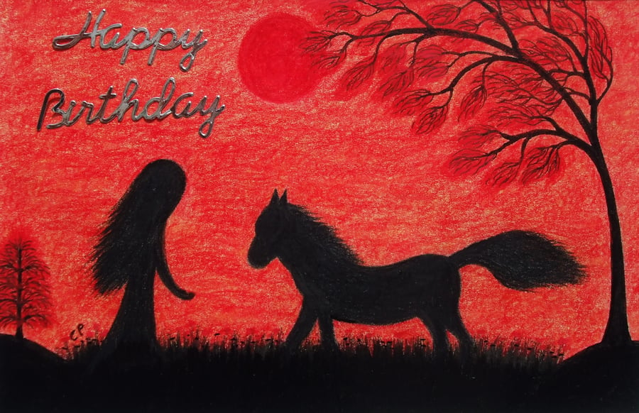 Birthday Card Horse, Daughter Birthday Card, Black Horse Girl Tree, Red Art Card