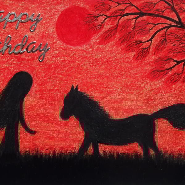 Birthday Card Horse, Daughter Art Card, Black Horse Girl, Red Tree, Animal Card