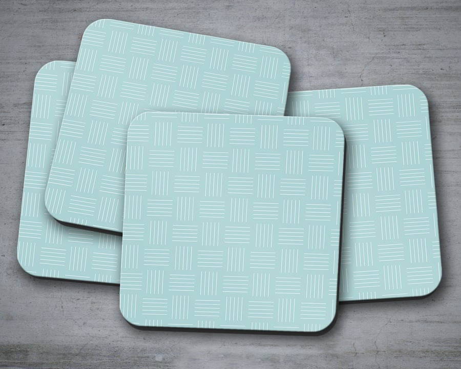 Set of 4 Duck Egg Blue wth White Line Geometric Coasters