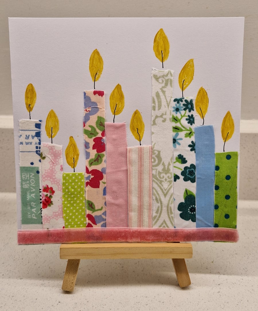 Birthday card with colourful birthday candles with fabric & watercolour 
