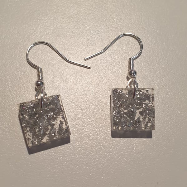 Square silver metallic flakes resin earrings